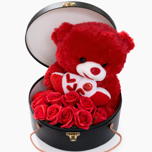 Hatbox με Αρκουδάκι και Τριαντάφυλλα (Μικρό)